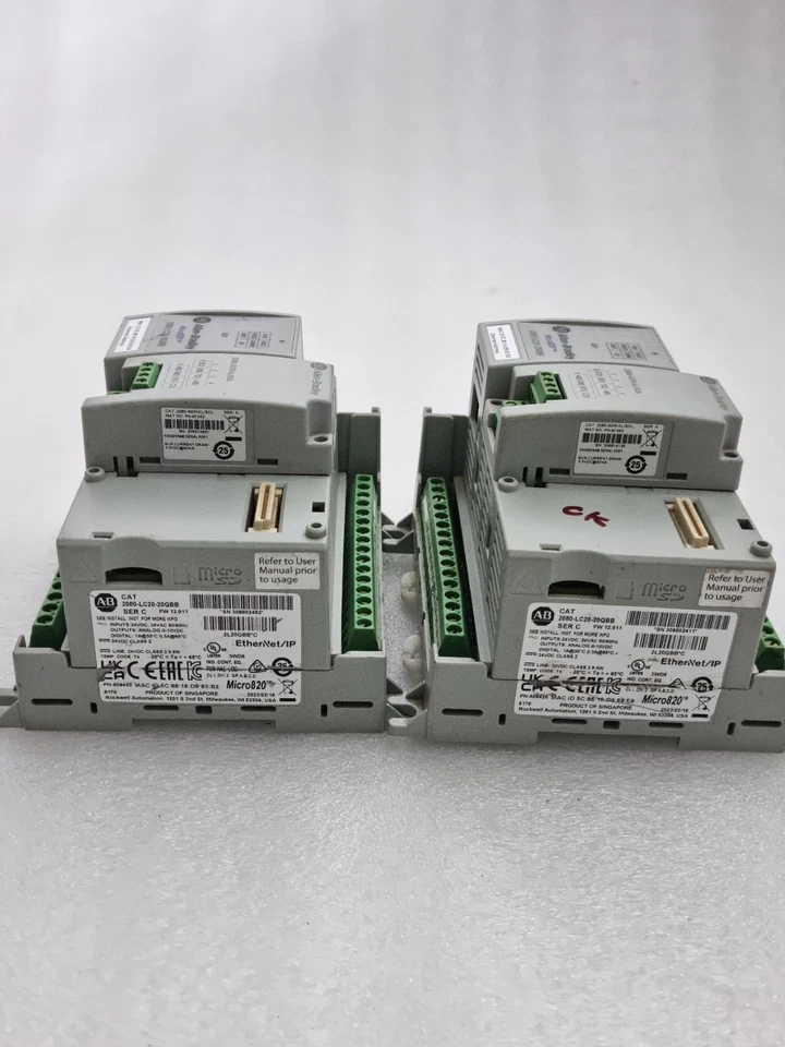 LOT OF 2PCS ALLEN BRADLEY 2080-LC20-20QBB Micro820 With 2080-SERIALISOL MODULE
